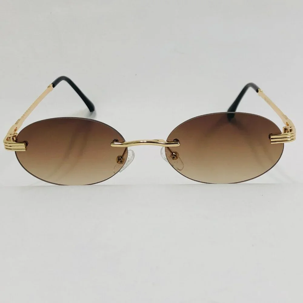 Men Sunglasses Small Brown Lens Oval‎ Gold Frame Street Wear Light Weight Lentes
